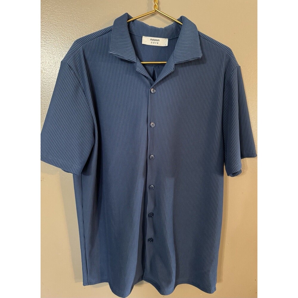 Cove Mens Blue Pleated Short Sleeve Button Down Shirt Plisse Camp Collar Large